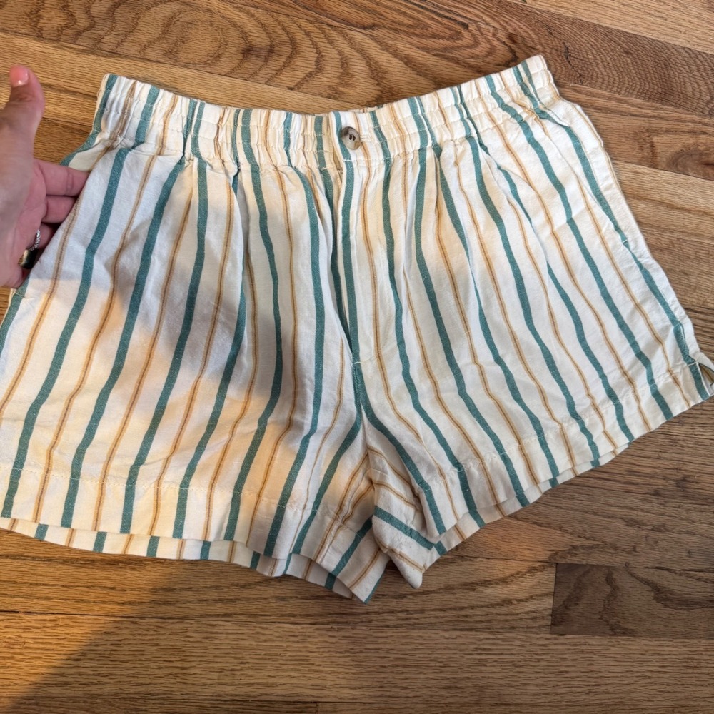 Madewell Striped Linen Blend Pull-On Shorts Teal Yellow White Small CKP454625038 - Picture 6 of 8